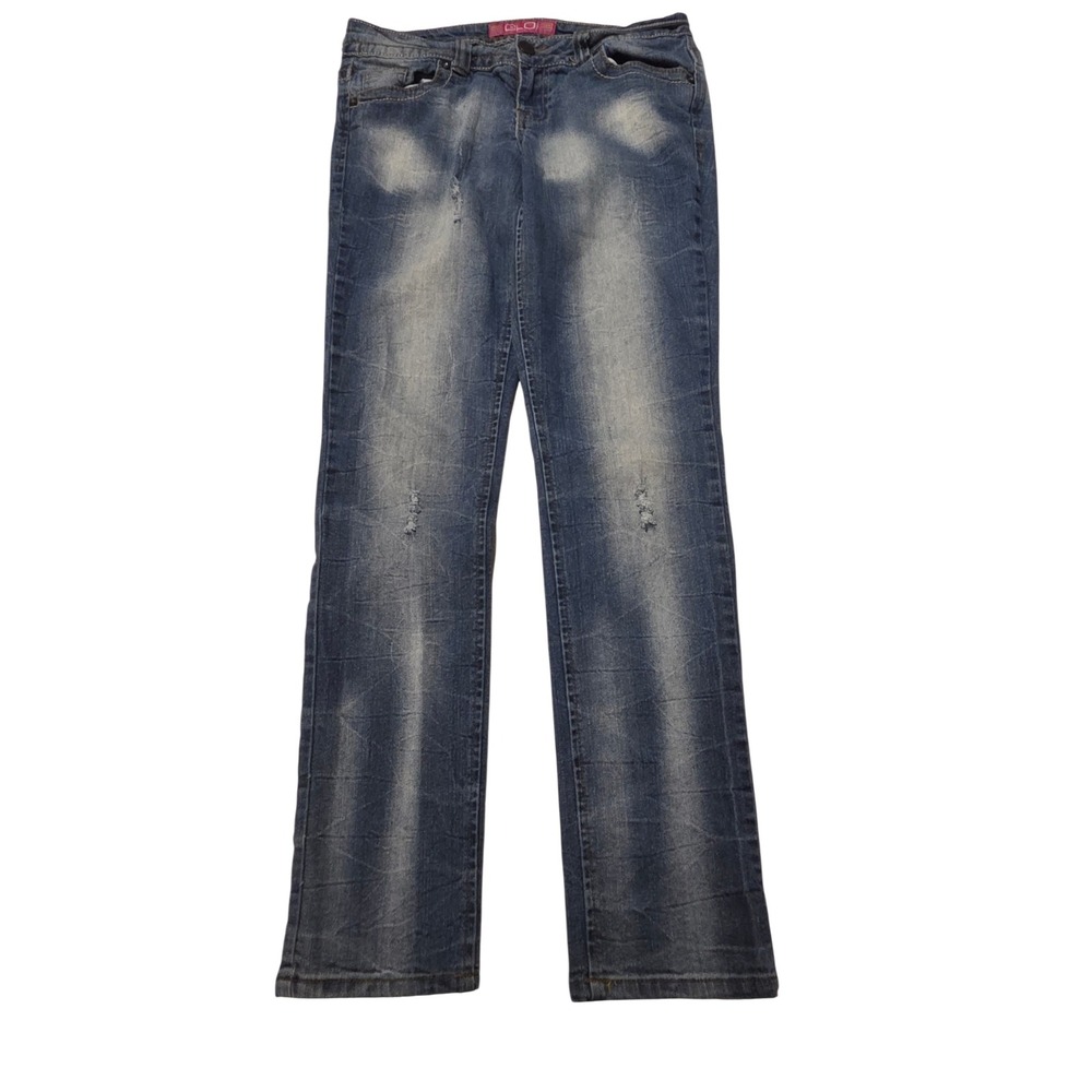 GLO Jeans Junior Size 11 Blue Distressed Straight Leg Faded Denim Flap Pockets